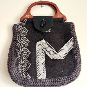 Handcrafted Black & Cream Tote Bag with Wooden Handles